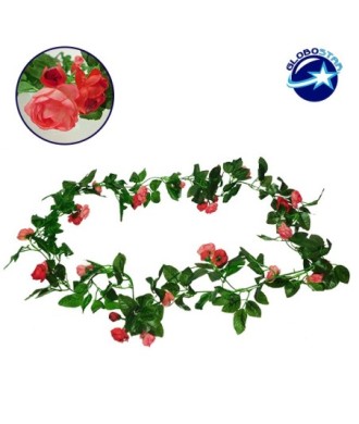 GloboStar® 09011 Τεχνητό Κρεμαστό Φυτό Διακοσμητική Γιρλάντα Μήκους 2.2 μέτρων με 32 X Μικρά Τριαντάφυλλα Ροζ Κοραλί